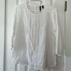 MNG Mango White Boho Lace Pintuck Blouse Size M Lightweight Peasant Top Sheer